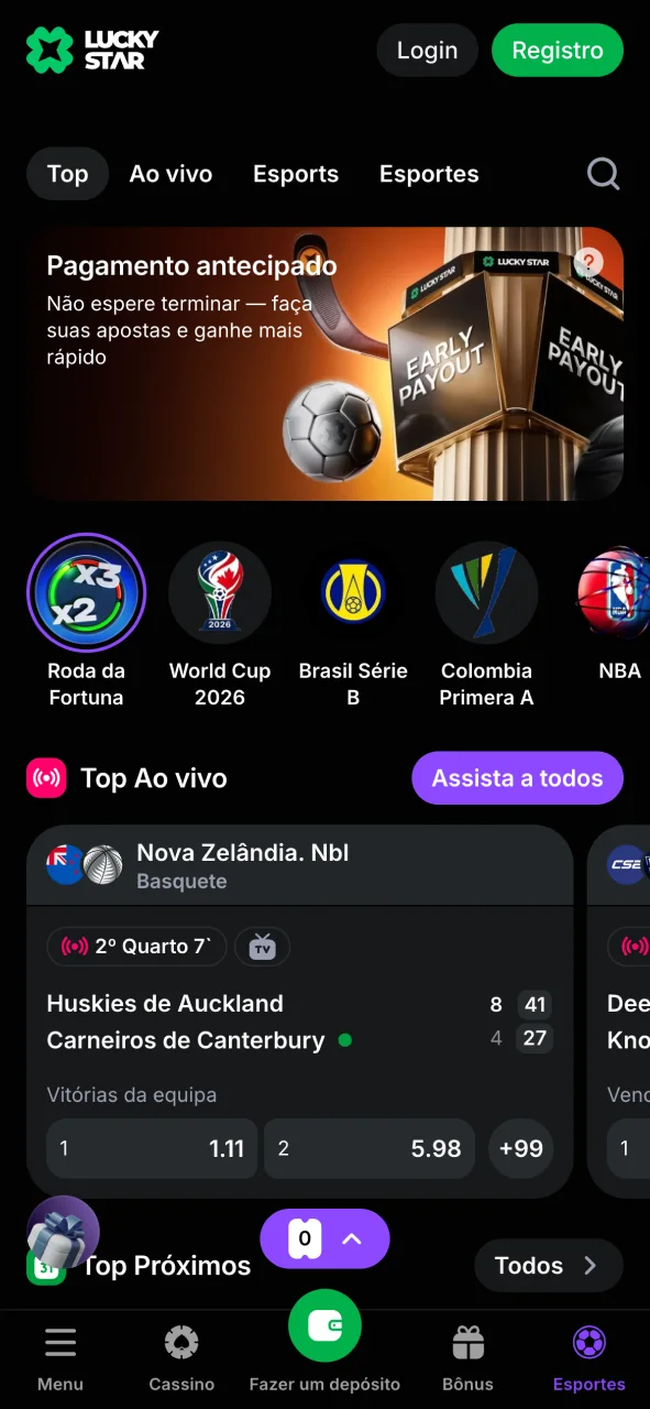 Abra a seção de esportes no aplicativo Lucky Star, escolha a sua modalidade e aposte pelo celular.