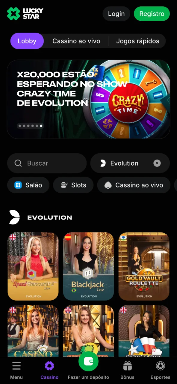 Abra a página inicial do aplicativo Lucky Star, explore os jogos no seu celular e comece a ganhar.