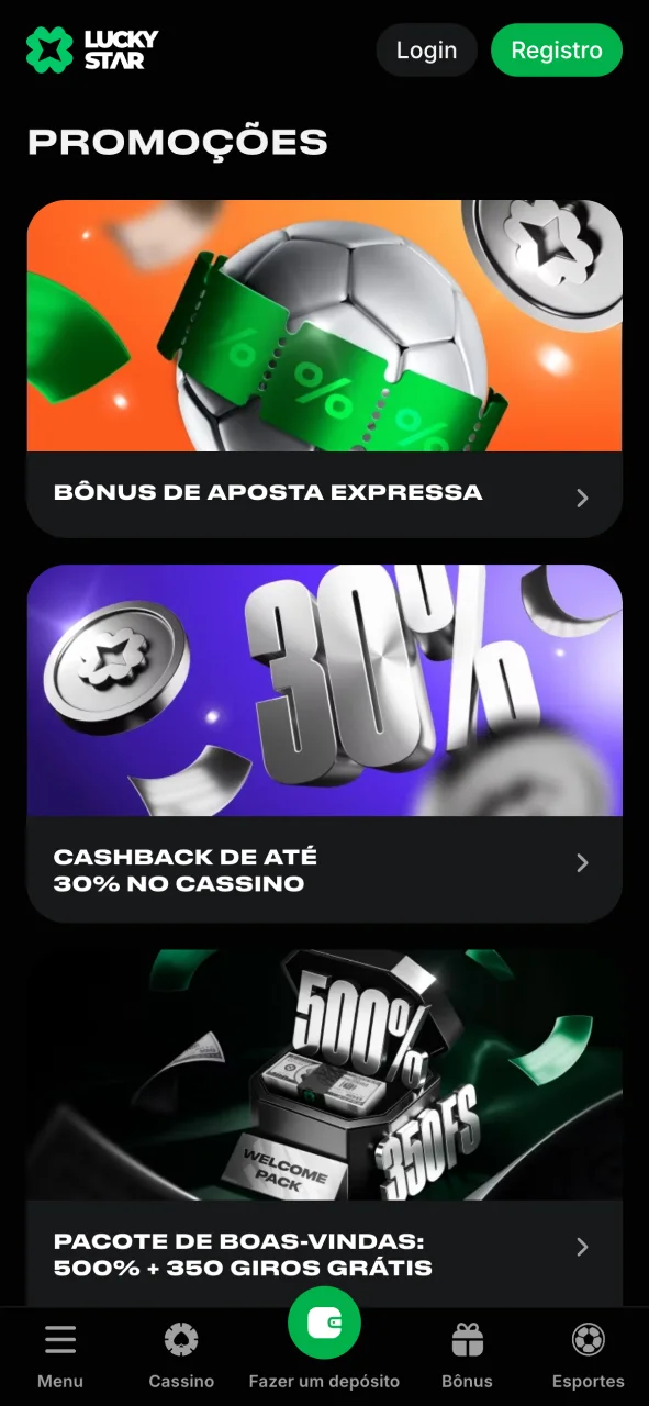 Abra a página de promoções no aplicativo Lucky Star, ative seu oferta pelo celular e ganhe.