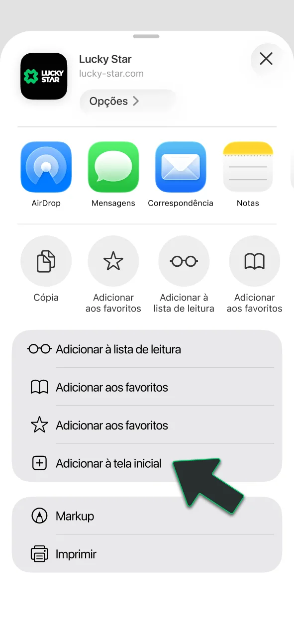 Selecione a opção para adicionar à tela de início, crie o atalho do Lucky Star e jogue no iPhone.