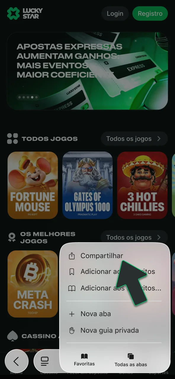 Toque no ícone de compartilhamento do Safari, inicie a instalação do Lucky Star e jogue no iPhone.