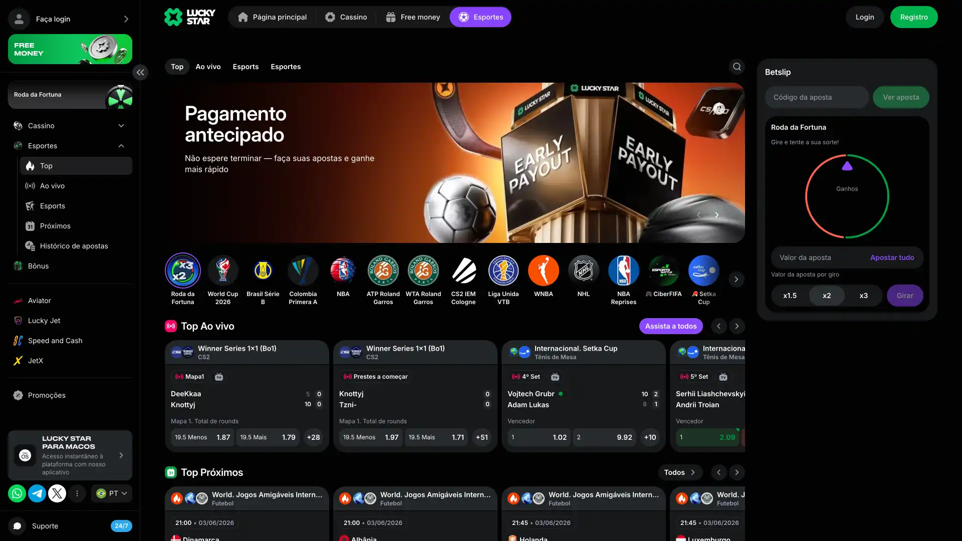Abra a seção de apostas esportivas no Lucky Star, escolha o seu esporte favorito e ganhe.
