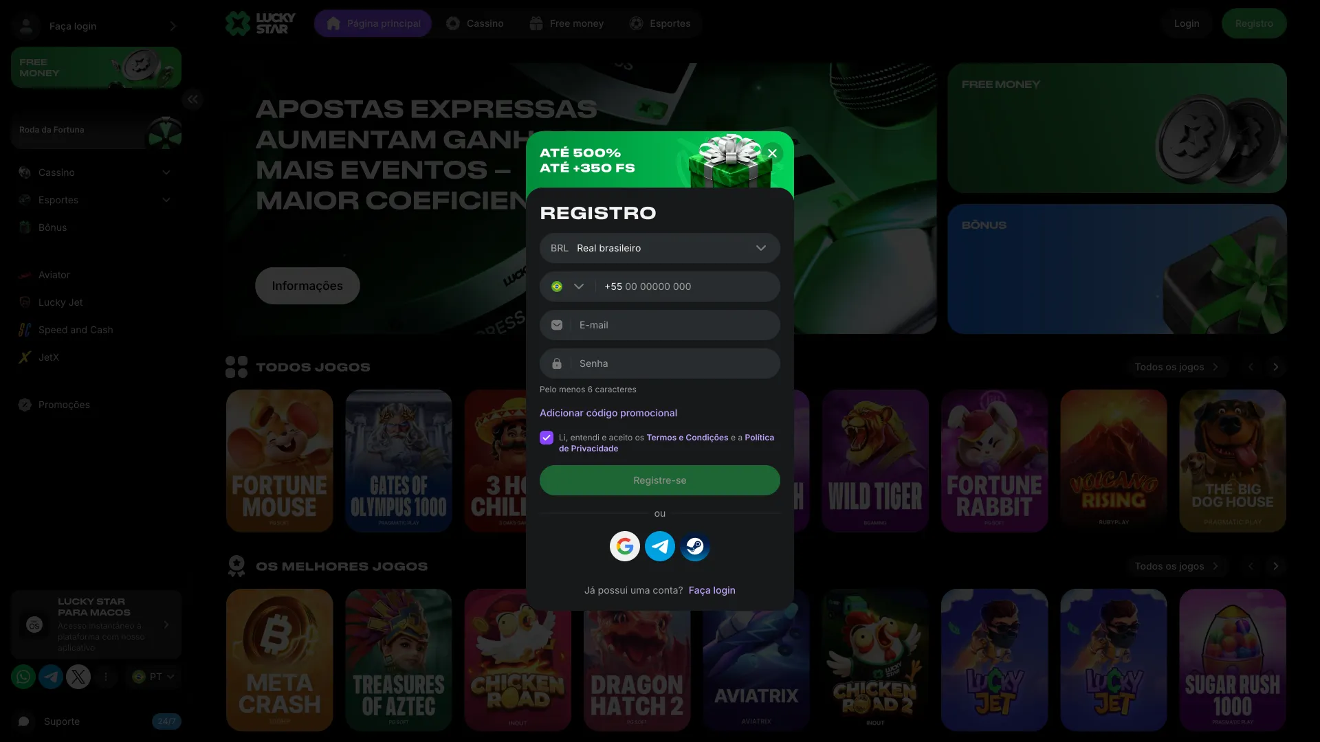 Faça sua inscrição rápida no site oficial do Lucky Star, confirme os dados e comece a jogar.