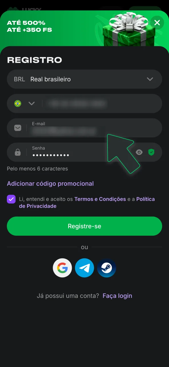 Preencha seus dados no Lucky Star, informe seu nome completo e crie uma senha segura para jogar.